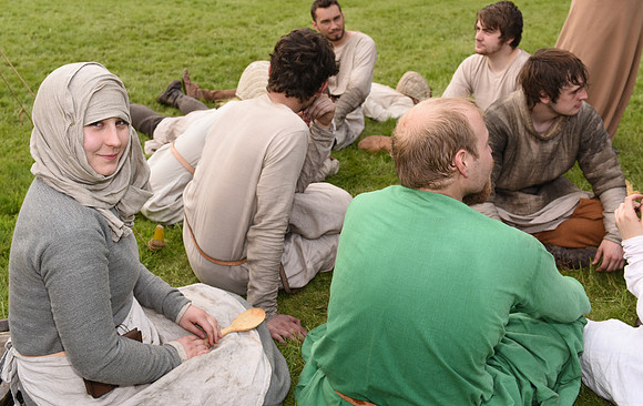 Norman reenactors relax after performance at Bolsover Castle, England