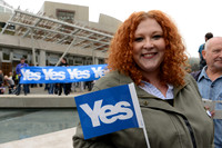 Scotland Referendum Day, Yes supporter outside Scottish Parliament, Edinburgh